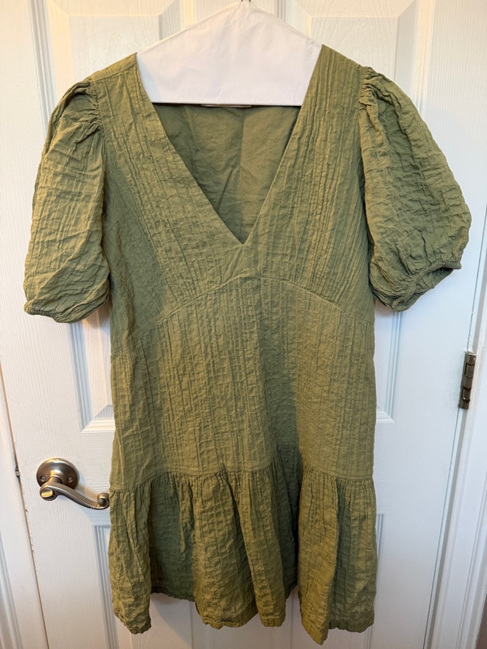 Abercrombie & Fitch Olive Puff-Sleeve V-Neck Tiered Mini Dress